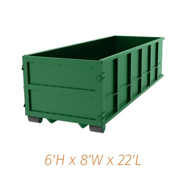 our thirty yard dumpsters typically measure 22 feet long,5 feet wide, and 6 feet high